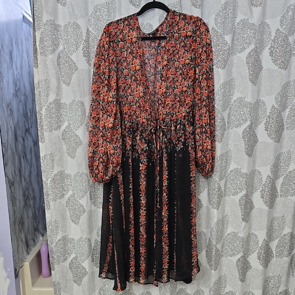 Orange and Black Long Sleeve Plunge Sundress for Wedding Guest